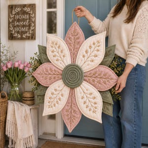 Mönster för dörrhängare i quiltat tyg med blommor i PDF-format | Sömnadsmönster för dörrhängare med kronblad, modern blomsterkransdekoration bild 3