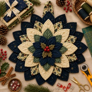 May include: A quilted fabric poinsettia ornament featuring layered petals in navy blue, cream, and green holly print fabrics. The center is adorned with three small red berries and green leaves. The design is circular with a hanging loop at the top.