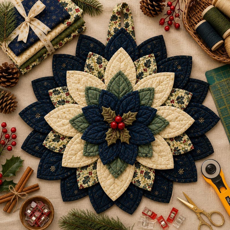 May include: A quilted fabric poinsettia ornament featuring layered petals in navy blue, cream, and green holly print fabrics. The center is adorned with three small red berries and green leaves. The design is circular with a hanging loop at the top.