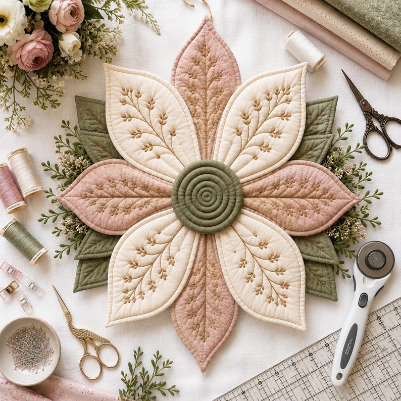 Mönster för dörrhängare i quiltat tyg med blommor i PDF-format | Sömnadsmönster för dörrhängare med kronblad, modern blomsterkransdekoration bild 8