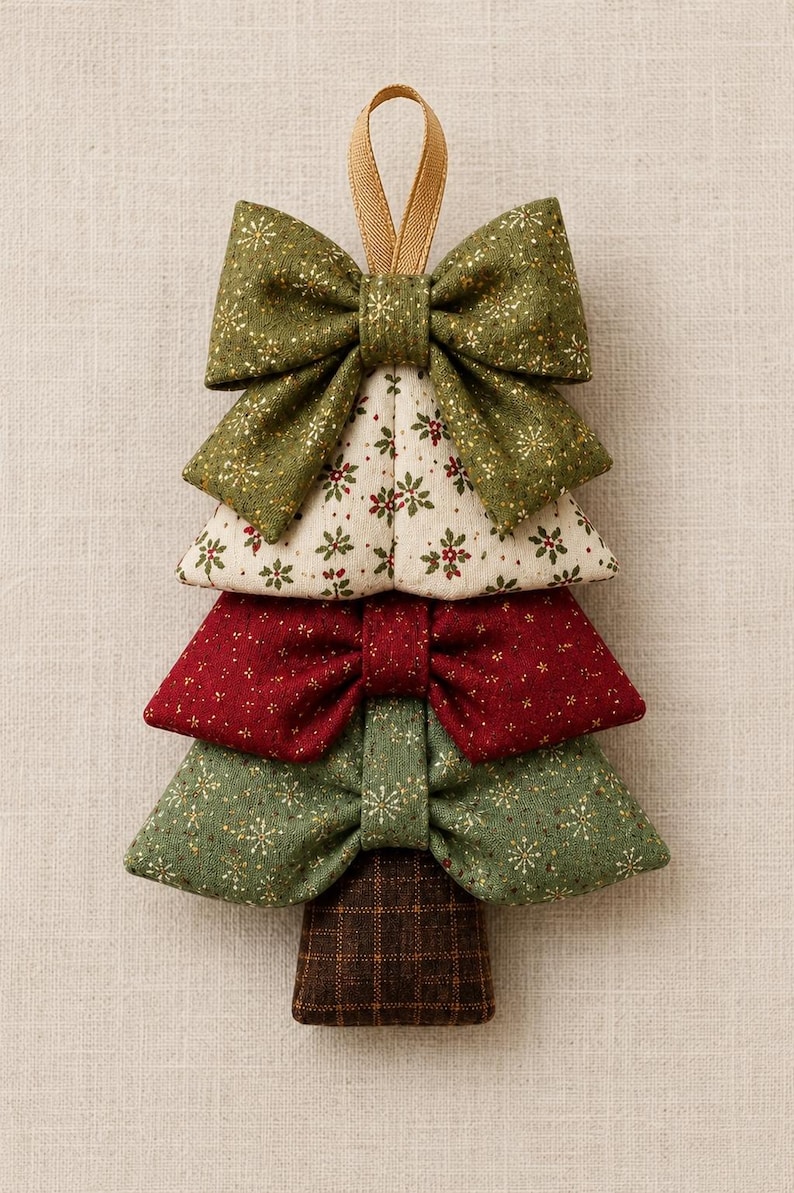 May include: A decorative Christmas tree ornament constructed from stacked fabric bows. The top bow is olive green with gold glitter, followed by a cream section with red and green floral patterns, a deep red bow, a green bow, and a brown plaid base.