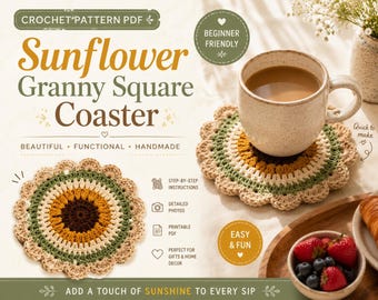 Patrón de posavasos de girasol a crochet en PDF, patrón de posavasos cuadrado de ganchillo estilo abuela, posavasos floral estilo granja, decoración rústica bohemia con girasoles para el hogar
