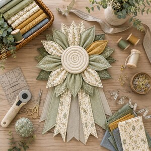 Puede incluir: Un tapiz de pared en forma de girasol hecho de tela con un centro enrollado y p&eacute;talos superpuestos en estampados florales verde salvia, crema y amarillo mostaza, con dos largas cintas de tela, rodeado de suministros de costura y tijeras.