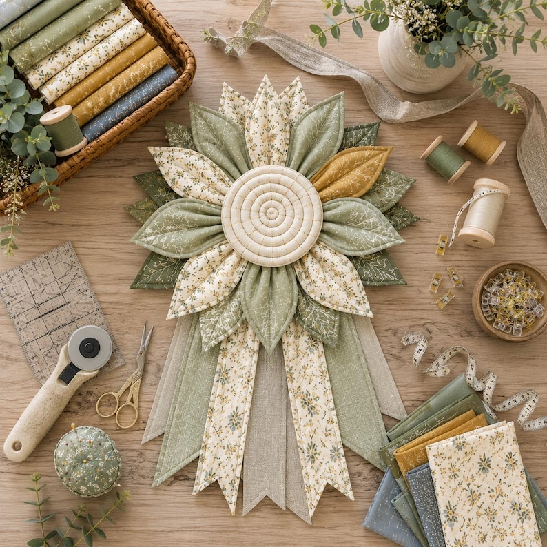 Puede incluir: Un tapiz de pared en forma de girasol hecho de tela con un centro enrollado y p&eacute;talos superpuestos en estampados florales verde salvia, crema y amarillo mostaza, con dos largas cintas de tela, rodeado de suministros de costura y tijeras.
