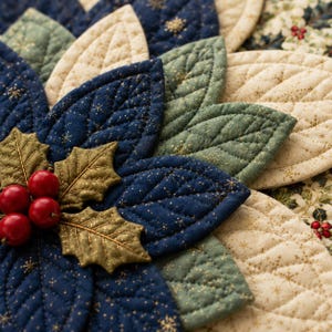 May include: A quilted fabric table mat shaped like a flower with layered petals in navy blue, sage green, and cream. The fabric features a gold glitter snowflake pattern. Three red berries and two metallic gold holly leaves are attached to the center.