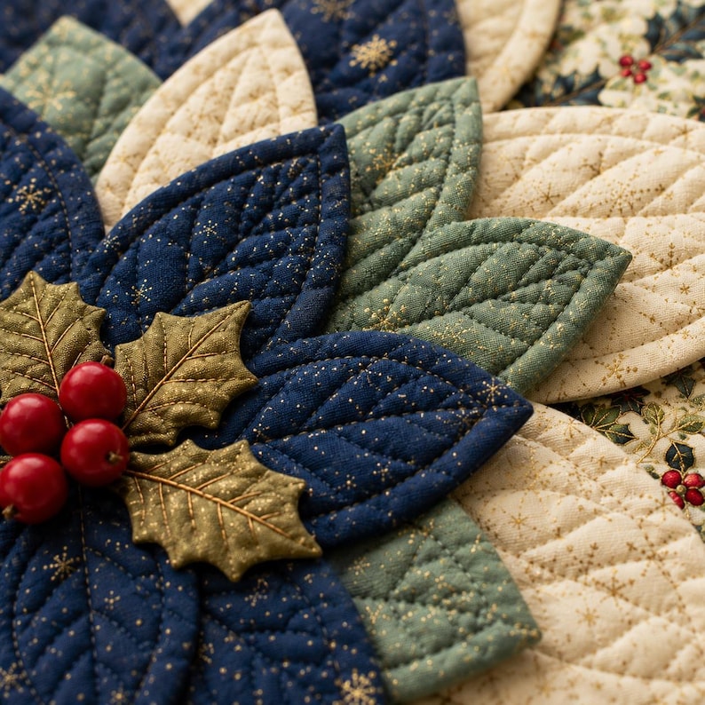 May include: A quilted fabric table mat shaped like a flower with layered petals in navy blue, sage green, and cream. The fabric features a gold glitter snowflake pattern. Three red berries and two metallic gold holly leaves are attached to the center.
