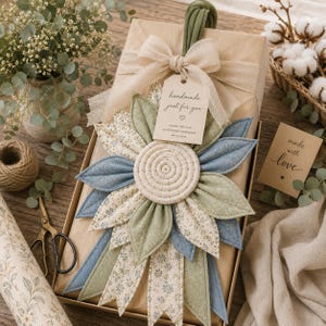 Puede incluir: Una caja de regalo rectangular envuelta en papel marr&oacute;n, adornada con una gran decoraci&oacute;n de flor de tela con p&eacute;talos en capas en verde salvia, azul polvoriento y patrones florales. Incluye un lazo beige y una etiqueta que dice handmade just for you.