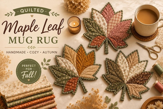 Quilted Maple Leaf Mug Rug Pattern PDF | Patchwork Fall Mug Rug Tutorial | Autumn Quilt Coaster | Thanksgiving Table Decor