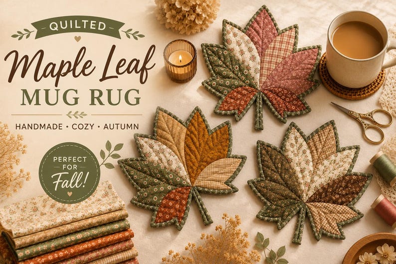 Puede incluir: Tres posavasos acolchados con forma de hoja de arce y tela de patchwork en tonos verde, marr&oacute;n y crema. El texto dice: QUILTED Maple Leaf MUG RUG, HANDMADE &bull; COZY &bull; AUTUMN y PERFECT FOR Fall!. Se ven una taza, una vela, tijeras y telas apiladas.