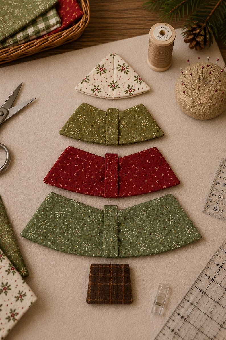 May include: A set of fabric pieces arranged to form a Christmas tree shape, including a cream triangular top with red and green floral patterns, two green trapezoidal sections with snowflake prints, a red trapezoidal section, and a brown plaid base.