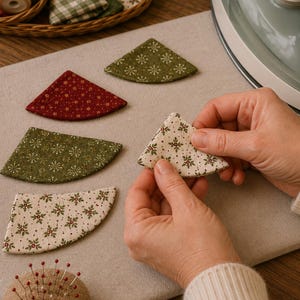 May include: Several triangular fabric pieces with festive patterns in red, green, and cream colors are arranged on a flat surface. One cream-colored piece with a holly print is being held. A round pincushion with red-tipped pins is visible.