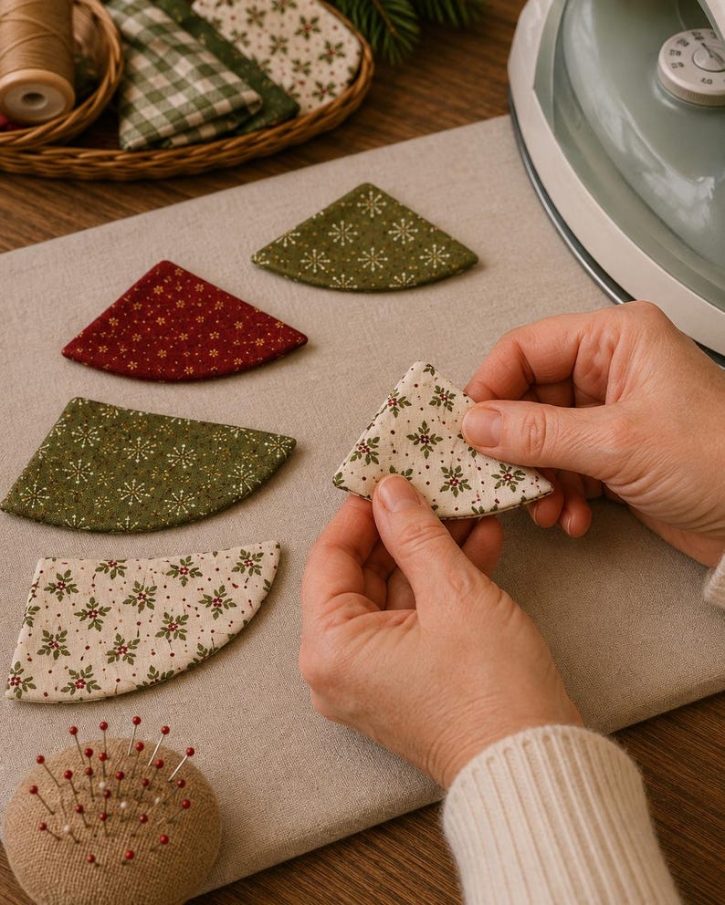 May include: Several triangular fabric pieces with festive patterns in red, green, and cream colors are arranged on a flat surface. One cream-colored piece with a holly print is being held. A round pincushion with red-tipped pins is visible.