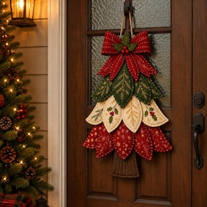 May include: A fabric Christmas tree wall hanging featuring layered, quilted leaf-shaped segments in red, green, and cream colors. The tree is topped with a large red bow and small red berries, and it has a brown trunk base, all suspended by twine.