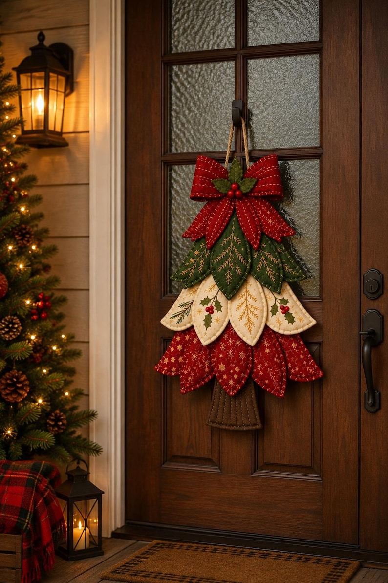May include: A fabric Christmas tree wall hanging featuring layered, quilted leaf-shaped segments in red, green, and cream colors. The tree is topped with a large red bow and small red berries, and it has a brown trunk base, all suspended by twine.