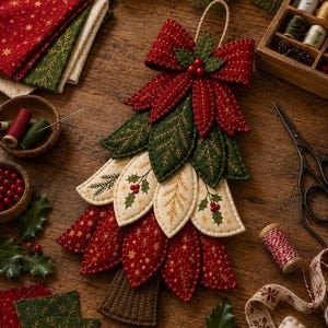 May include: A fabric Christmas tree wall hanging constructed from layered, quilted leaf-shaped segments in red, dark green, and cream. The tree features a large red bow at the top with three red berries and green felt leaves, finished with a brown trunk.