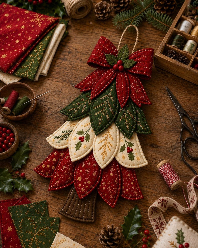 May include: A fabric Christmas tree wall hanging constructed from layered, quilted leaf-shaped segments in red, dark green, and cream. The tree features a large red bow at the top with three red berries and green felt leaves, finished with a brown trunk.