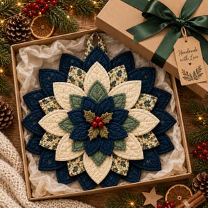 May include: A quilted fabric poinsettia ornament featuring layered petals in navy blue, cream, and a holly leaf print. The center is decorated with three red berries and green leaves. It is presented in a gift box with a green ribbon and tag.