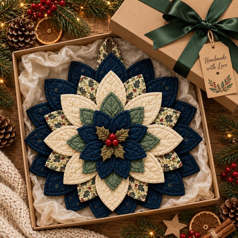 May include: A quilted fabric poinsettia ornament featuring layered petals in navy blue, cream, and a holly leaf print. The center is decorated with three red berries and green leaves. It is presented in a gift box with a green ribbon and tag.