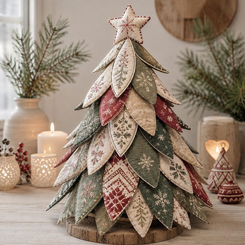 Puede incluir: Un &aacute;rbol de Navidad decorativo de mesa construido con hojas de tela acolchadas en capas en tonos verde salvia, crema y rojo intenso. Cada hoja presenta intrincados patrones bordados de copos de nieve y geom&eacute;tricos, rematado con una estrella de tela.