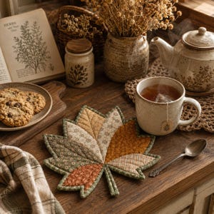 Puede incluir: Un posavasos de tela acolchada con forma de hoja de arce, que presenta un dise&ntilde;o de patchwork con varios estampados florales y geom&eacute;tricos en tonos verde, naranja, beige y crema, con costuras detalladas a lo largo de las nervaduras.