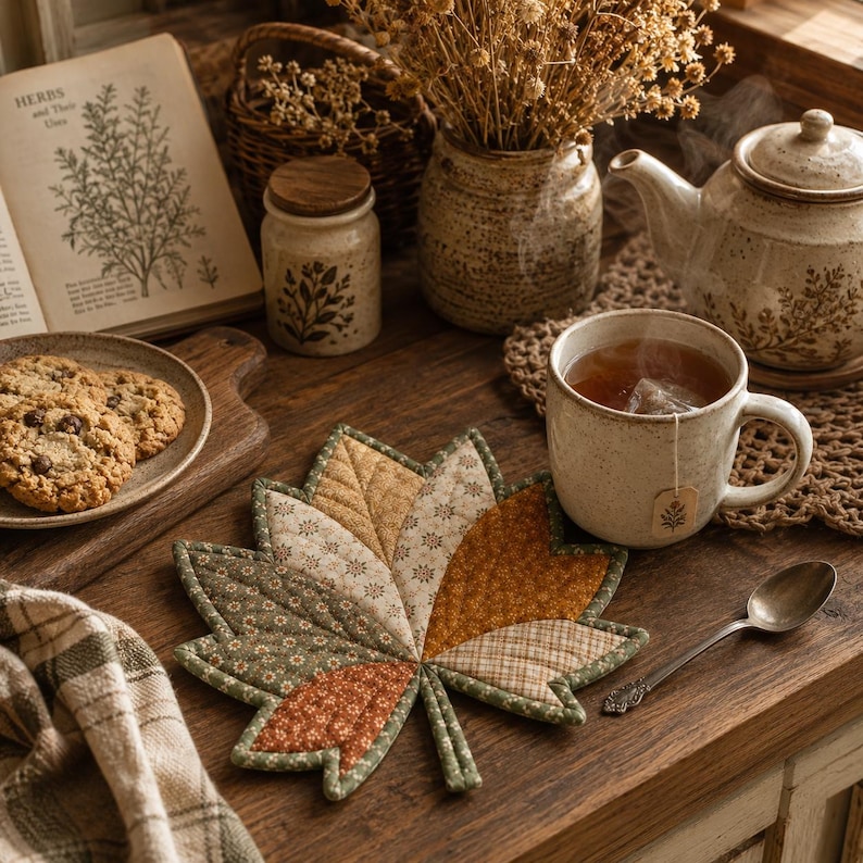 Puede incluir: Un posavasos de tela acolchada con forma de hoja de arce, que presenta un dise&ntilde;o de patchwork con varios estampados florales y geom&eacute;tricos en tonos verde, naranja, beige y crema, con costuras detalladas a lo largo de las nervaduras.