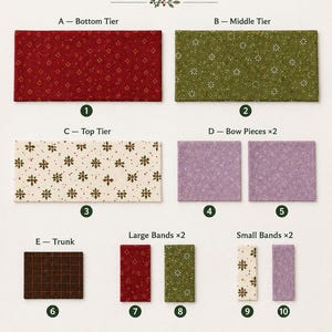 May include: Ten rectangular fabric pieces labeled 1 through 10, arranged in rows. The pieces feature red, olive green, cream, and lavender floral patterns, plus a brown plaid piece. Text reads: START HERE &mdash; Your 10 Fabric Pieces and Before you sew.