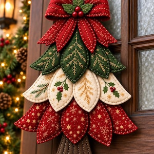May include: A hanging Christmas tree decoration made of layered fabric petals in red, green, and cream. The top features a red bow with holly berries. The middle layers show embroidered leaf and berry patterns, while the bottom layer has gold star motifs.