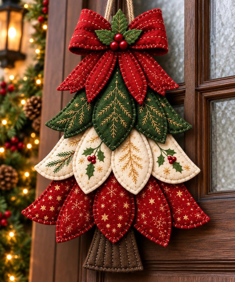 May include: A hanging Christmas tree decoration made of layered fabric petals in red, green, and cream. The top features a red bow with holly berries. The middle layers show embroidered leaf and berry patterns, while the bottom layer has gold star motifs.