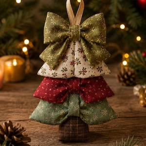 May include: A decorative Christmas tree ornament constructed from three stacked fabric bows in olive green, cream with red and green floral patterns, and deep red, topped with a gold ribbon loop and a brown plaid fabric base.