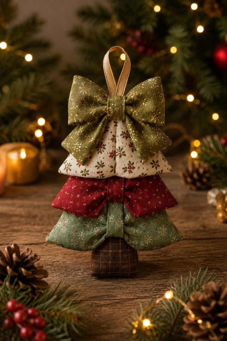May include: A decorative Christmas tree ornament constructed from three stacked fabric bows in olive green, cream with red and green floral patterns, and deep red, topped with a gold ribbon loop and a brown plaid fabric base.