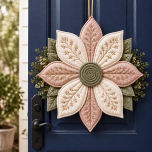 Mönster för dörrhängare i quiltat tyg med blommor i PDF-format | Sömnadsmönster för dörrhängare med kronblad, modern blomsterkransdekoration bild 11