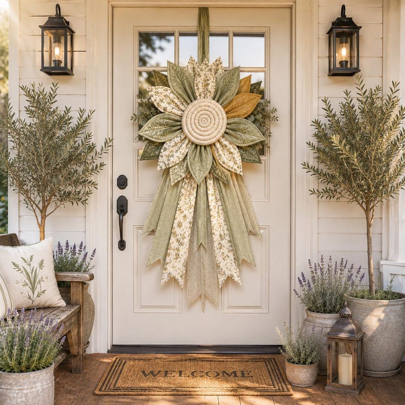 Puede incluir: Una corona decorativa para puerta con forma de girasol grande, con p&eacute;talos de tela en color verde salvia y crema, un disco central de tejido beige y largas cintas de tela colgantes con motivos florales y lisos a juego.