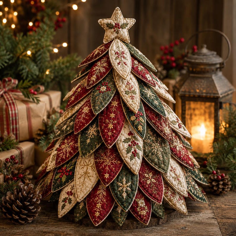 Puede incluir: Un &aacute;rbol de Navidad decorativo de mesa hecho de hojas de tela acolchadas en capas en tonos rojo oscuro, verde bosque y crema. Cada hoja presenta bordados dorados de copos de nieve, bayas de acebo y follaje, rematado con una estrella.