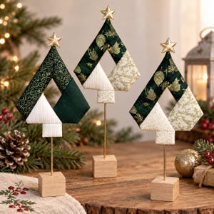 May include: Three decorative fabric Christmas trees in a triangular shape, each featuring a mix of dark green and cream-colored patterned fabric. Each tree is topped with a small gold star and mounted on a thin gold rod with a square wooden base.