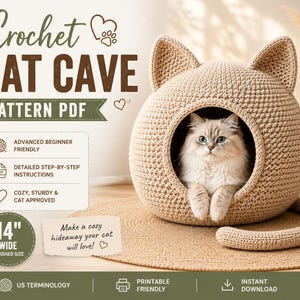 May include: A beige crochet cat cave pattern PDF featuring a cat inside the structure. The text reads Crochet Cat Cave Pattern PDF, Advanced Beginner Friendly, Detailed Step-by-Step Instructions, 14 inch wide finished size, US Terminology.