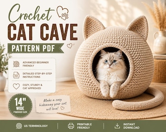 Crochet Cat Cave Pattern PDF | Cat Ear Pet Bed, DIY Cat House Crochet Pattern, Cozy Cat Igloo Bed, Instant Digital Download