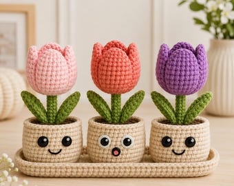 Patroon gehaakte tulpenpot pdf | Haakpatroon amigurumi tulp bloempot | Schattig lente-huisdecor | Moederdagcadeau | Voorwaarden VS voor beginners