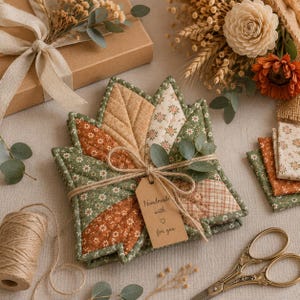 Puede incluir: Una pila de posavasos de tela acolchada con forma de hojas de arce, con patrones florales y de cuadros en verde, naranja y crema. Los posavasos est&aacute;n atados con cordel y una etiqueta de papel marr&oacute;n que dice "Handmade with love for you."