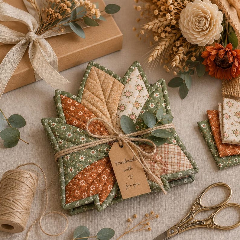 Puede incluir: Una pila de posavasos de tela acolchada con forma de hojas de arce, con patrones florales y de cuadros en verde, naranja y crema. Los posavasos est&aacute;n atados con cordel y una etiqueta de papel marr&oacute;n que dice "Handmade with love for you."