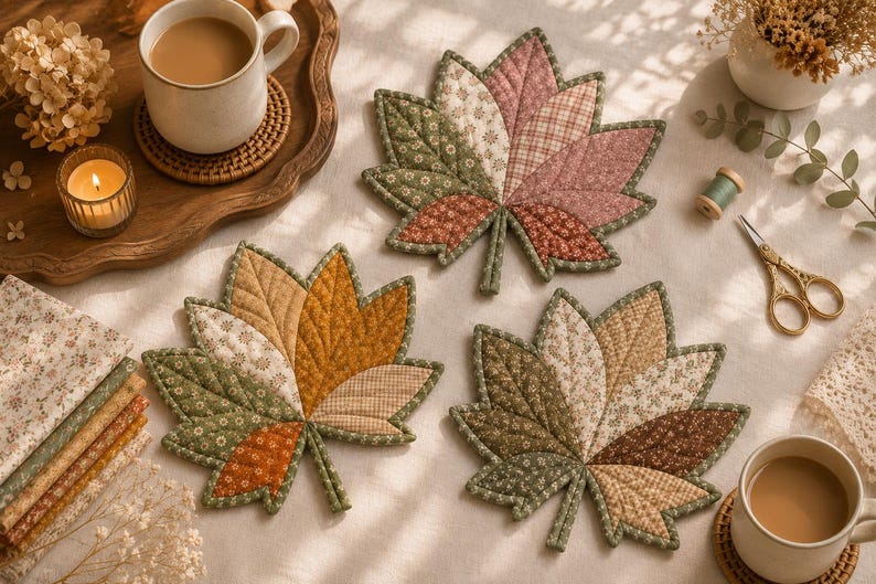Puede incluir: Tres posavasos de tela acolchada con forma de hojas de arce, con dise&ntilde;os de patchwork en colores oto&ntilde;ales que incluyen verdes apagados, rosas empolvados, naranjas c&aacute;lidos y marrones, con costuras detalladas en la superficie de cada hoja.