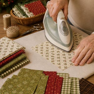 May include: A white and grey steam iron pressing a square piece of cream fabric with a small green and red holly pattern. Nearby are stacks of folded fabric squares in various holiday-themed patterns, a spool of thread, and a pincushion.