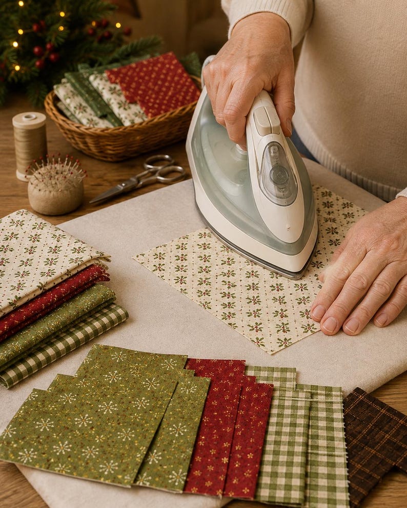 May include: A white and grey steam iron pressing a square piece of cream fabric with a small green and red holly pattern. Nearby are stacks of folded fabric squares in various holiday-themed patterns, a spool of thread, and a pincushion.