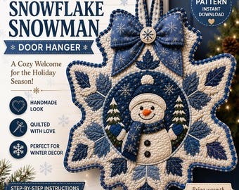 Quilted Snowflake Snowman Door Hanger PDF Pattern | Christmas Winter Quilt Applique Sewing Pattern | Snowman Door Decor Digital Download