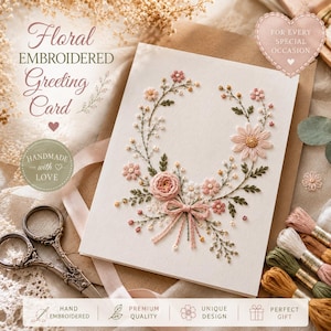 紙刺繍パターンPDF｜花柄刺繍グリーティングカード、DIY手刺繍カードテンプレート、植物刺繍、即時ダウンロード