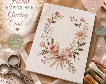 Paper Embroidery Pattern PDF | Floral Embroidered Greeting Card, DIY Hand Embroidered Card Template, Botanical Needlework, Instant Download