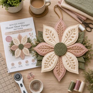 Mönster för dörrhängare i quiltat tyg med blommor i PDF-format | Sömnadsmönster för dörrhängare med kronblad, modern blomsterkransdekoration bild 7