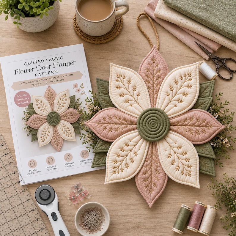 Mönster för dörrhängare i quiltat tyg med blommor i PDF-format | Sömnadsmönster för dörrhängare med kronblad, modern blomsterkransdekoration bild 7