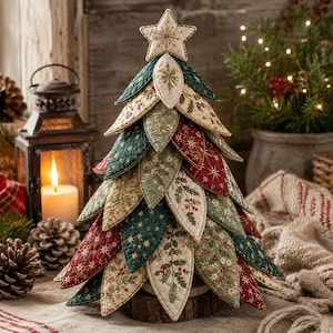 Puede incluir: Un &aacute;rbol de Navidad decorativo de mesa hecho de hojas de tela acolchadas en capas en tonos verde oscuro, rojo intenso y crema. Las hojas presentan patrones bordados de acebo, bayas y estrellas, rematado con un adorno de estrella de tela acolchada.