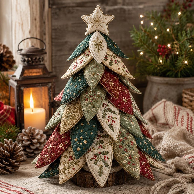 Puede incluir: Un &aacute;rbol de Navidad decorativo de mesa hecho de hojas de tela acolchadas en capas en tonos verde oscuro, rojo intenso y crema. Las hojas presentan patrones bordados de acebo, bayas y estrellas, rematado con un adorno de estrella de tela acolchada.