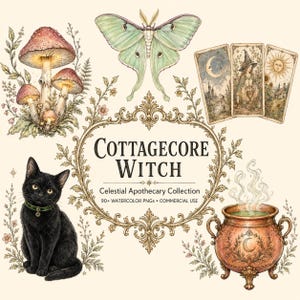 Cottagecore-Hexe, himmlische Apothekerin, Aquarell-PNG-Clipart-Paket (Kommerzielle Nutzung)